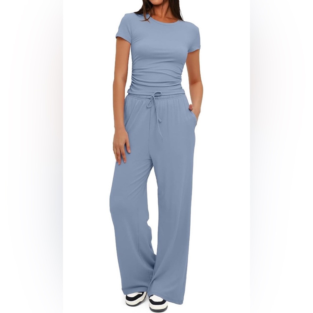 New Women's 2 Piece Lounge Set Outfit Ruched Short Sleeve Top High Waisted Wide